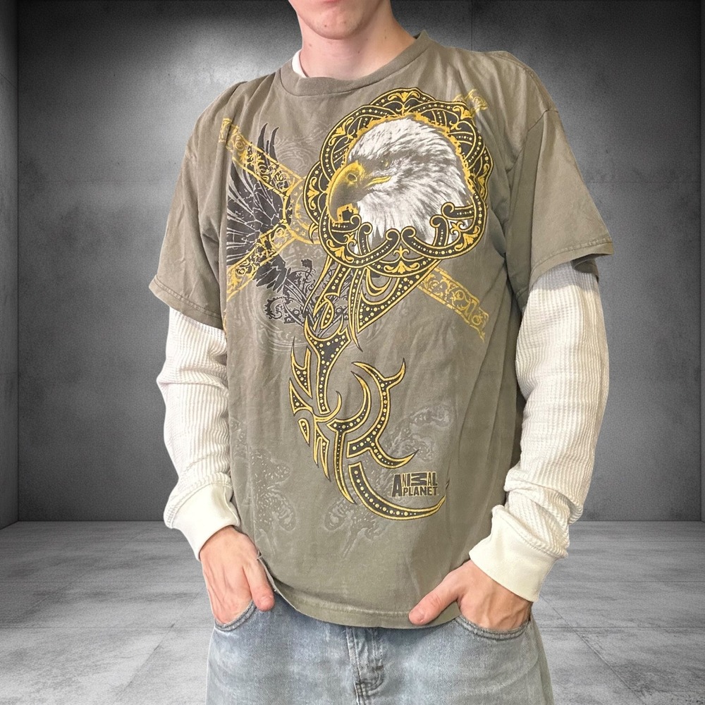 Vintage Animal Planet Eagle Graphic Tee Olive Green Y2K Skater Grunge XL